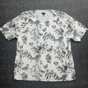 Talbots Shirt Womens L Petite White Black Butterfly Garden Lightweight Sweater